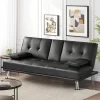 Easyfashion LuxuryGoods Modern Faux Leather Futon with Cupholders and Pillows, Black