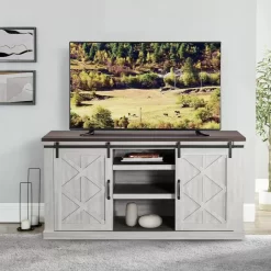 FESTIVO 58 in. Saw Cut-Off White TV Stand for TVs Up to 65 in.