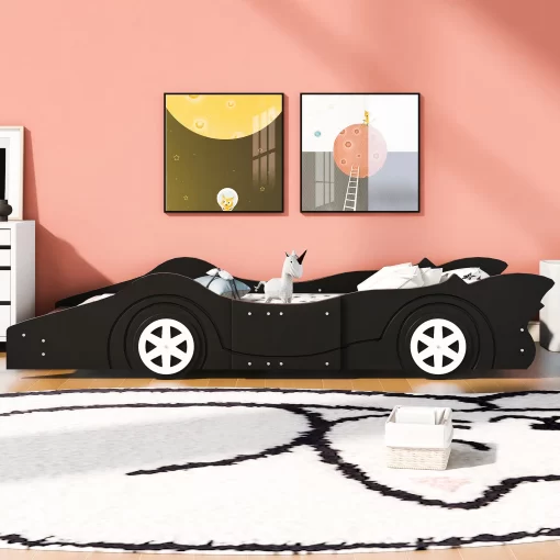 HSUNNS Twin Size Kids Race Car-Shaped Platform Bed with Wheels, Wooden Black