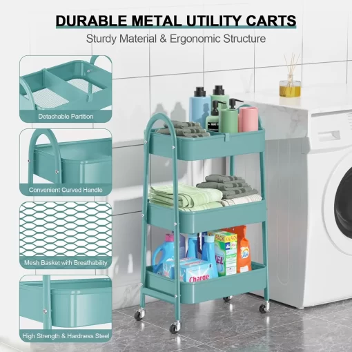 3 Tier Utility Rolling Cart, EAGMAK Metal Storage Cart with Handle and Lockable Wheels