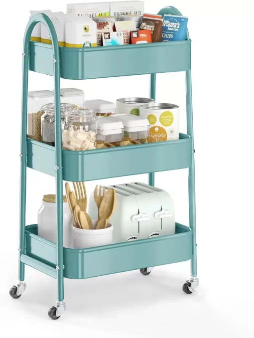 3 Tier Utility Rolling Cart, EAGMAK Metal Storage Cart with Handle and Lockable Wheels