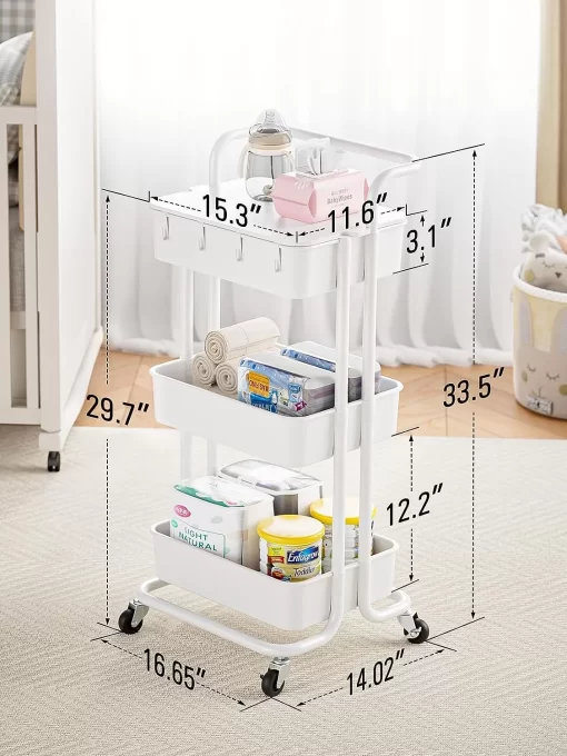 Pipishell 3 Tier Rolling Cart with Table Top, Utility Cart with Wheels & 4 Hooks, Rolling Storage Cart for Home Storage and Organization, White, PIUC09W