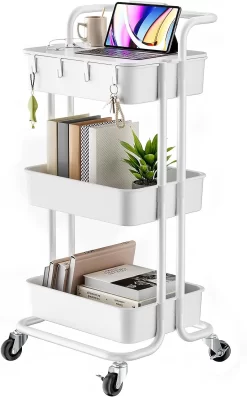 Pipishell 3 Tier Rolling Cart with Table Top, Utility Cart with Wheels & 4 Hooks, Rolling Storage Cart for Home Storage and Organization, White, PIUC09W