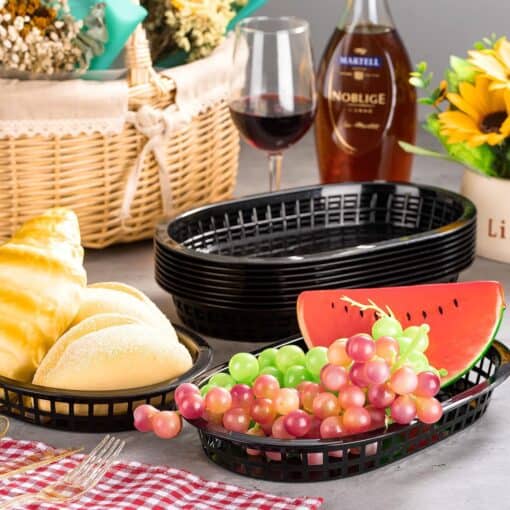 Potchen 60 Pack Fast Food Baskets for Serving, 10.5'' x 7'' Plastic Bread Oval Storage Basket Bin Service Tray Restaurant