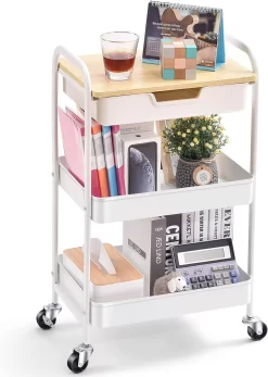 TOOLF 3-Tier Utility Rolling Cart with Wooden Board and Drawer, Metal Storage Cart
