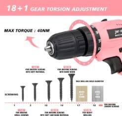 Jar-Owl 21V Pink Cordless Drill Set for Women，350 in-lb Torque, 0-1350RMP Variable Speed