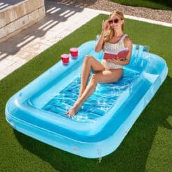 Sloosh Inflatable Tanning Pool Lounge Float, 70" x 46" Suntan Tub Raft Floatie, L-Blue
