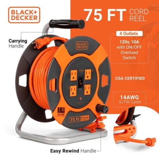 BLACK + DECKER BDXPA0063 75 ft. 4 Outlets Retractable Extension Cord with 14 AWG SJTW Cable Outdoor Power Cord Reel