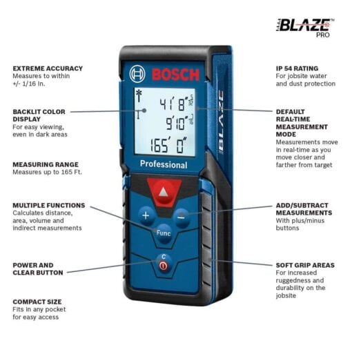 Bosch GLM165-40 BLAZE 165 ft. Laser Distance Tape Measuring Tool with Area and Volume