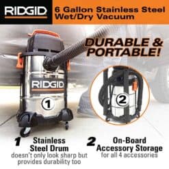 RIDGID WD6425 6 Gallon 4.25 Peak HP Stainless Steel Wet/Dry Shop Vacuum with Filter, Locking Hose and Accessories