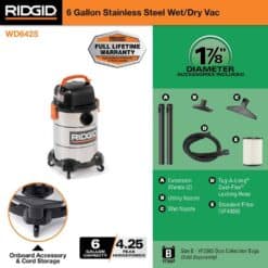 RIDGID WD6425 6 Gallon 4.25 Peak HP Stainless Steel Wet/Dry Shop Vacuum with Filter, Locking Hose and Accessories