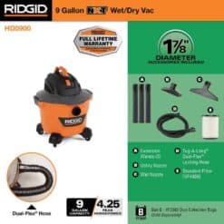 RIDGID HD09001 9 Gallon 4.25 Peak HP NXT Wet/Dry Shop Vacuum with Filter, Locking Hose and Accessories
