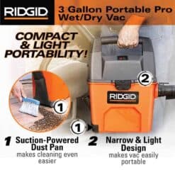 RIDGID WD3050A 3 Gallon 3.5 Peak HP Portable Wet/Dry Shop Vacuum with Built in Dust Pan, Filter, Expandable Hose and LED Car Nozzle