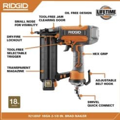 RIDGID R213BNF Pneumatic 18-Gauge 2-1/8 in. Brad Nailer with CLEAN DRIVE Technology, Tool Bag, and Sample Nails