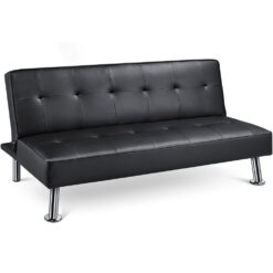 Easyfashion Convertible Black Faux Leather Futon Sofa Bed, Black