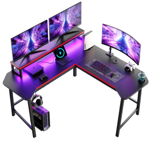 Bestier 56.6" L Shaped Gaming Desk with LED Lights Home Office Table,Carbon Fiber
