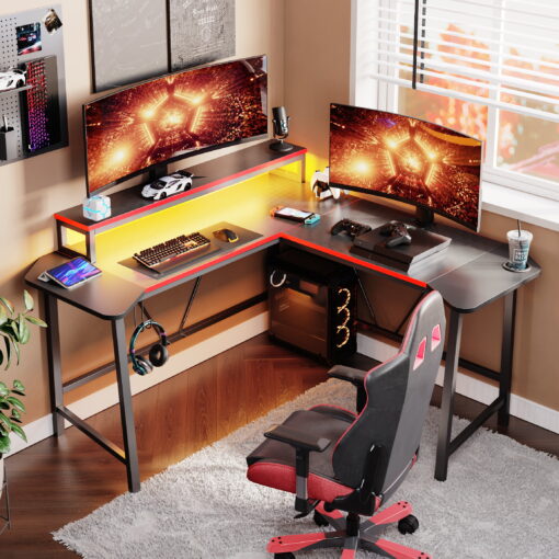 Bestier 56.6" L Shaped Gaming Desk with LED Lights Home Office Table,Carbon Fiber