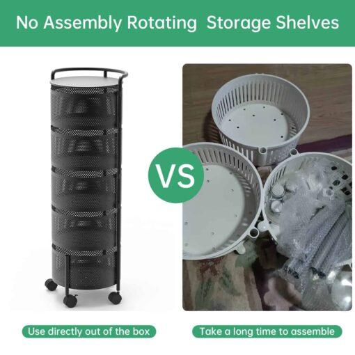 JAQ Rotating Fruit Basket, 5-Tier Metal Sturdy Kitchen Storage Rack Shelf Carts No Assembly on Rolling Wheels (5-Tier, Black)