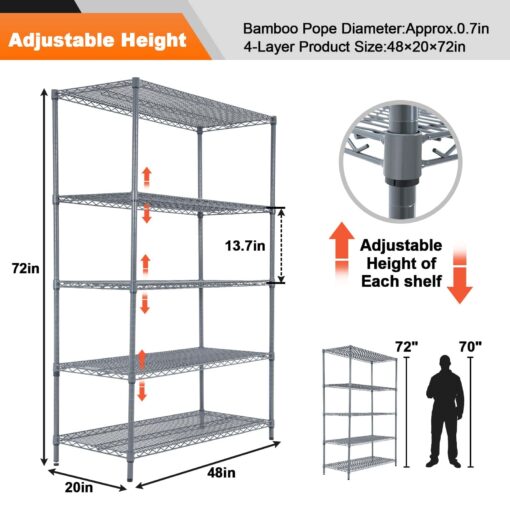 Land Guard 5 Tier Storage Racks and Shelving - 48" L x 20" W x 72" H Heavy Steel Material Pantry Shelves