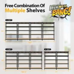 BuxWellBang 48" W x 24" D x 72" H Adjustable Garage Storage Shelves - 5-Shelf Heavy Duty Shelving Unit, Black