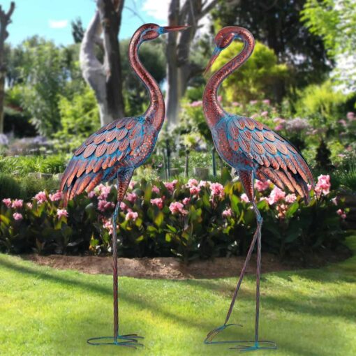 Kircust Garden Crane Statues Patina Heron Decoy, Standing Metal Crane Sculptures Bird Yard Art for Outdoor Decor, Set of 2