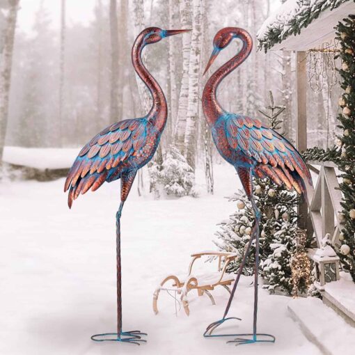 Kircust Garden Crane Statues Patina Heron Decoy, Standing Metal Crane Sculptures Bird Yard Art for Outdoor Decor, Set of 2