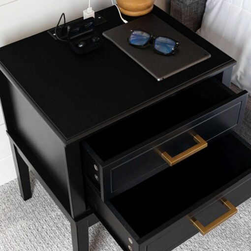 APOC HOME 2 Drawer Side Table with Charging Station (Black)