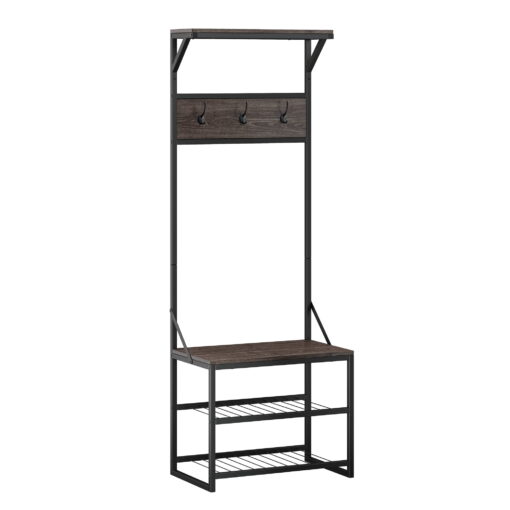 RiverRidge Home Afton Metal Frame Hall Tree with Seat, 3 Open Shelves, and 3 Hooks in Dark Weathered Wood