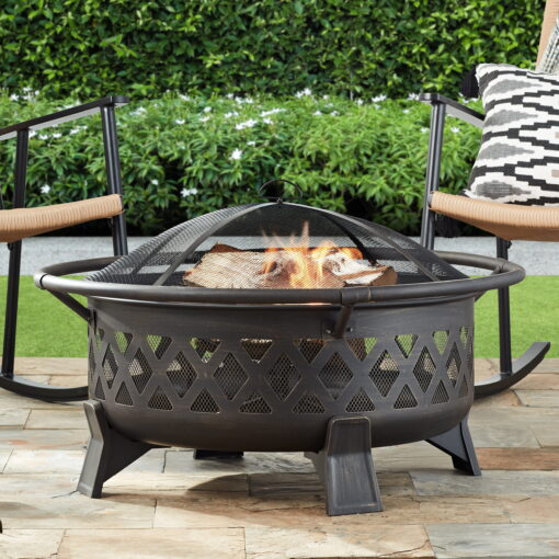 Better Homes & Gardens 35" Round Lattice Wood Burning Fire Pit with Cover, Antique Bronze