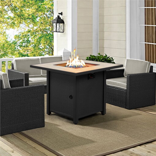 SMILE MART 30" Propane Gas Fire Pit Table with Ceramic Tabletop Rattan Pattern Steel Base for Garden/Patio/Courtyard, Black