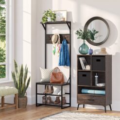 RiverRidge Home Afton Metal Frame Hall Tree with Seat, 3 Open Shelves, and 3 Hooks in Dark Weathered Wood