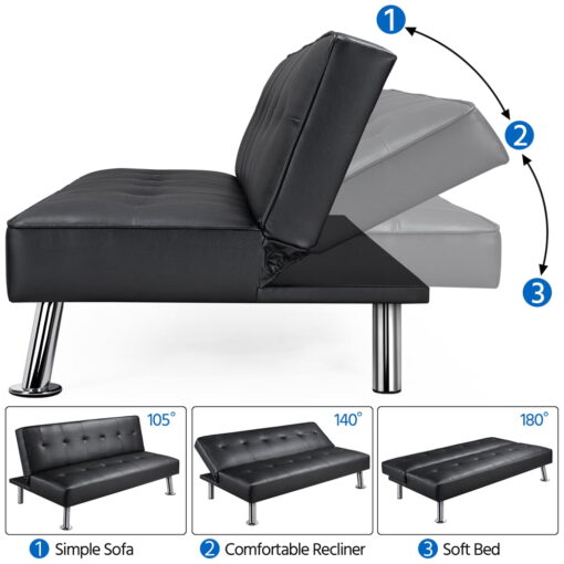 Easyfashion Convertible Black Faux Leather Futon Sofa Bed, Black