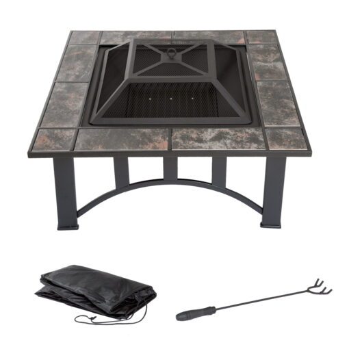 Fire Pit Set, Wood Burning Pit - Includes Screen, Cover and Log Poker - Great for Outdoor and Patio, 33 inch Square Marble Tile Firepit by Pure Garden