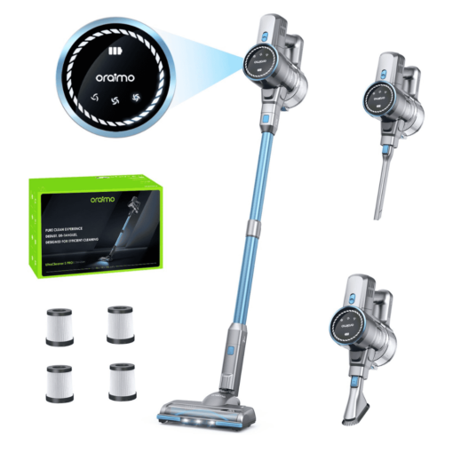 Oraimo Cordless Vacuum, 24KPA Vacuum Cleaner with 270W Brushless Motor, Stick Vacuum with Anti-entangle Floor Brush, 4 HEPA