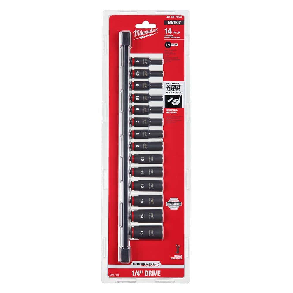 Milwaukee 49-66-7003 SHOCKWAVE 1/4 in. Drive Metric Deep Well 6 Point Impact Socket Set (14-Piece) Milwaukee 49-66-7003 SHOCKWAVE 1/4 in. Drive Metric Deep Well 6 Point Impact Socket Set (14-Piece)