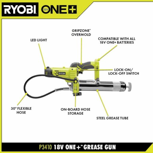 RYOBI ONE+ 18V Cordless Grease Gun with 2.0 Ah Battery and Charger