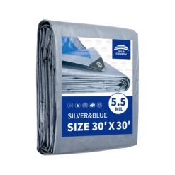 RAINDEWAY Large Tarps 30x30 Feet, 5.5 Mil - Multipurpose Waterproof Poly Tarp Cover, Silver/Blue Tarp