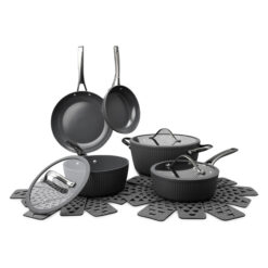 Thyme & Table Signature Ribbed 12-Piece Cookware Set Non-Stick- Grey