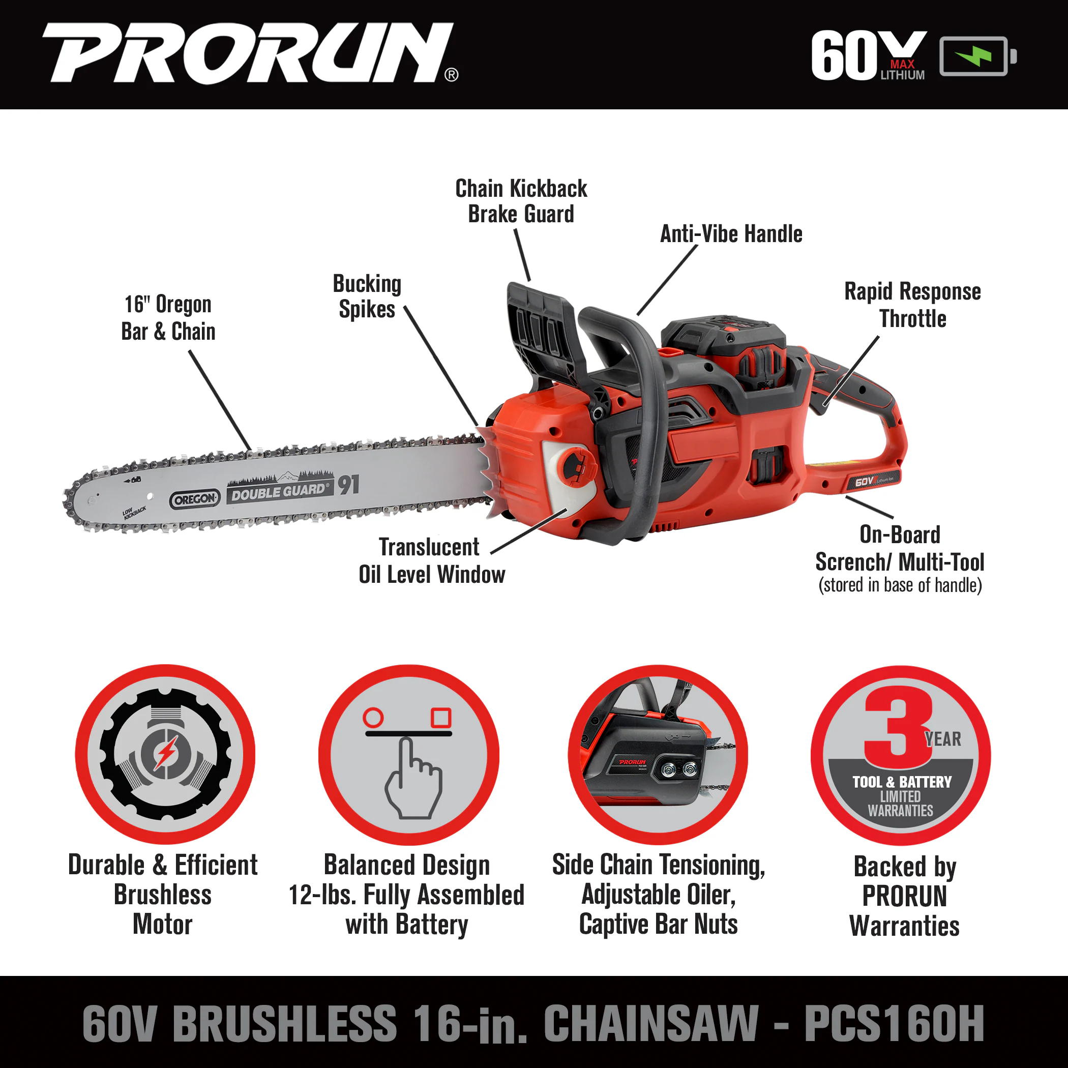 PRORUN PCS160H 60-volt Max 16-in Battery 5 Ah Chainsaw (Battery and Charger Included) PRORUN PCS160H 60-volt Max 16-in Battery 5 Ah Chainsaw (Battery and Charger Included)