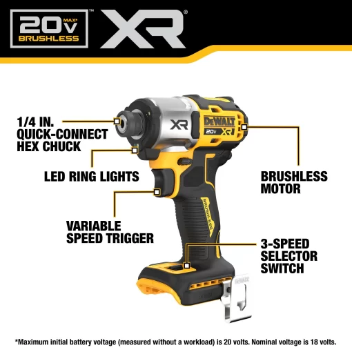 DEWALT XR 20-volt Max 1/4-in Brushless Cordless Impact Driver (Battery and Charger Included with Soft Bag)