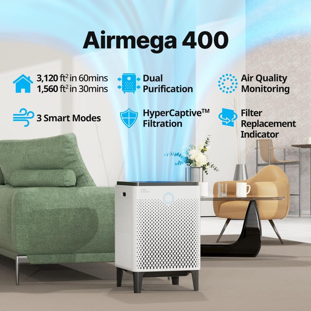 Coway AP-2015F Airmega 400 Smart Air Purifier (Covers 1,560 sq. ft.), True HEPA Air Purifier with Smart Technology, White - Thumbnail 5