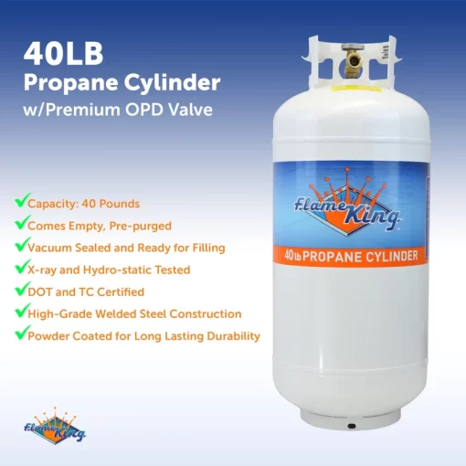 Other Dimensions Overall 29'' H X 12'' W X 12'' D Overall Product Weight 35 lb. Details Product Type Propane Tank Material Steel Weather Resistant Yes Refillable Yes Propane Tank Capacity 7.78 gallons Outdoor Use Yes Imported Yes Location Indoor / Outdoor Certifications Safety Listing(s) DOT and TC Approved/Compliant