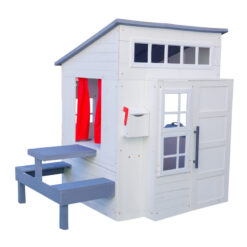 Modern Outdoor Wooden Playhouse with Picnic Table, Mailbox & Outdoor Grill, White