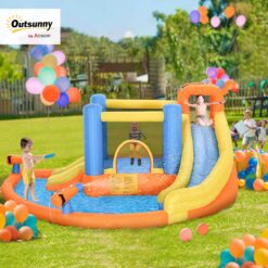 Outsunny 5-in-1 Kids Inflatable Bounce House Jumping Castle with Water Pool, Slide, Climbing Walls, & 2 Water Guns, Orange, Blue, Yellow
