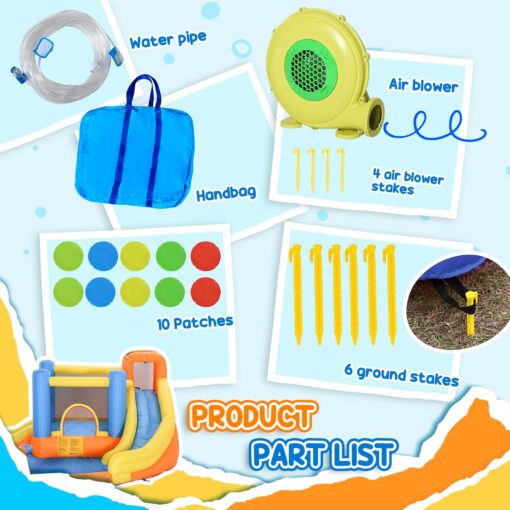 Outsunny 5-in-1 Kids Inflatable Bounce House Jumping Castle with Water Pool, Slide, Climbing Walls, & 2 Water Guns, Orange, Blue, Yellow
