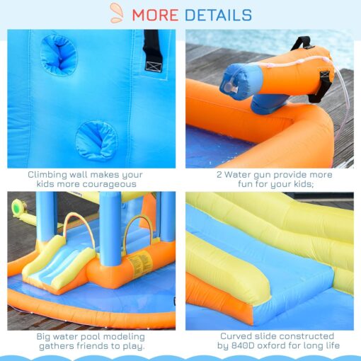 Outsunny 5-in-1 Kids Inflatable Bounce House Jumping Castle with Water Pool, Slide, Climbing Walls, & 2 Water Guns, Orange, Blue, Yellow