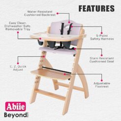 Abiie Beyond Junior Wooden High Chair with Tray - Adjustable and Convertible High Chair for Babies and Toddlers - 6 Months to 250 Lb - Water Resistant - Natural Wood with Lilac Cushion