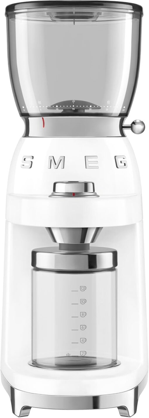 SMEG CGF11 Retro-Style Coffee Grinder – Burr Mill with 30 Grind Settings, Stainless Steel Conical Burrs, Removable Hopper – Precision Countertop Grinder for Espresso, Drip, French Press-White