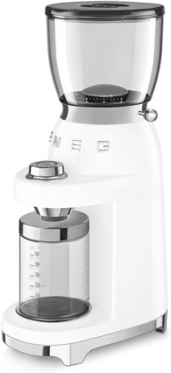 SMEG CGF11 Retro-Style Coffee Grinder – Burr Mill with 30 Grind Settings, Stainless Steel Conical Burrs, Removable Hopper – Precision Countertop Grinder for Espresso, Drip, French Press-White