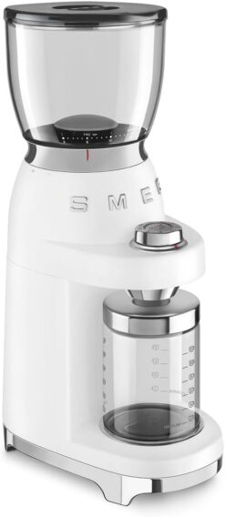 SMEG CGF11 Retro-Style Coffee Grinder – Burr Mill with 30 Grind Settings, Stainless Steel Conical Burrs, Removable Hopper – Precision Countertop Grinder for Espresso, Drip, French Press-White